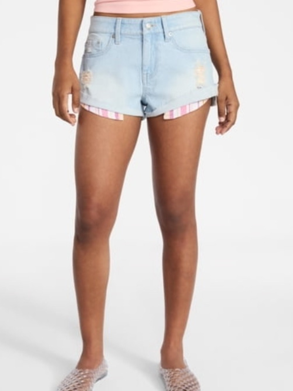 No Boundaries Light Blue Denim Shorts with Pink Stripe Trim